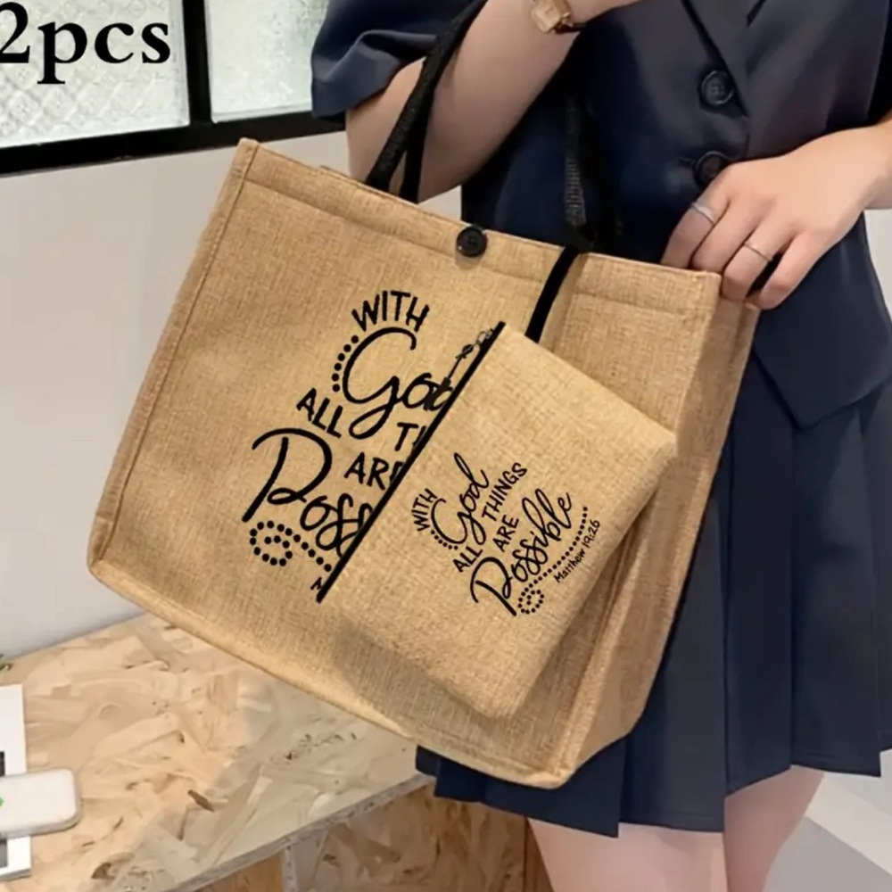 “All Things Are Possible “Elegant Lady Burlap Tote Bag with Coin Purse